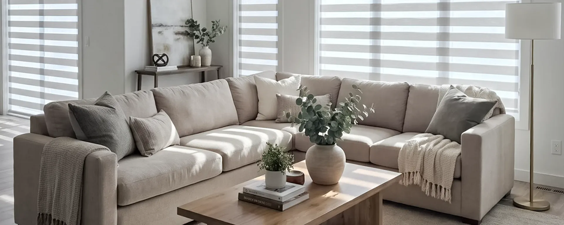 Edmonton living room with custom zebra blinds installed by Bold Blinds