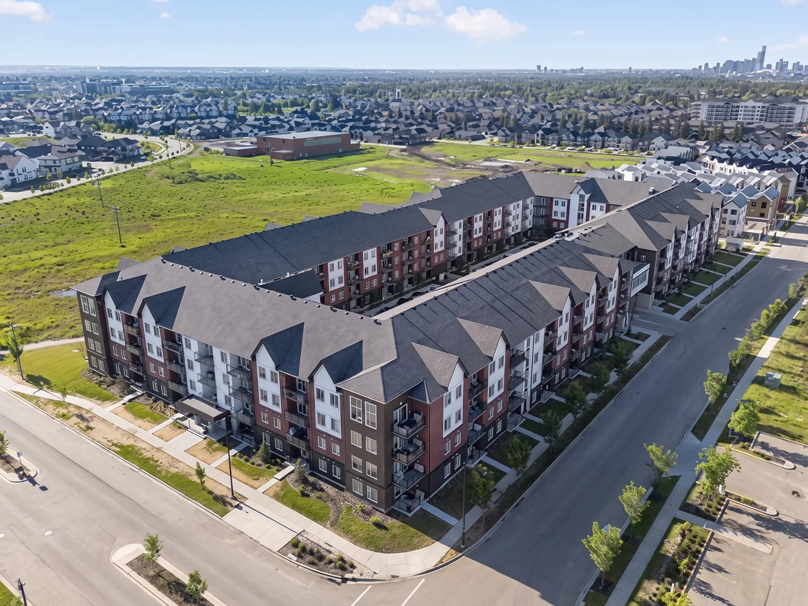Aerial view of The Barracks Apartments in north Edmonton