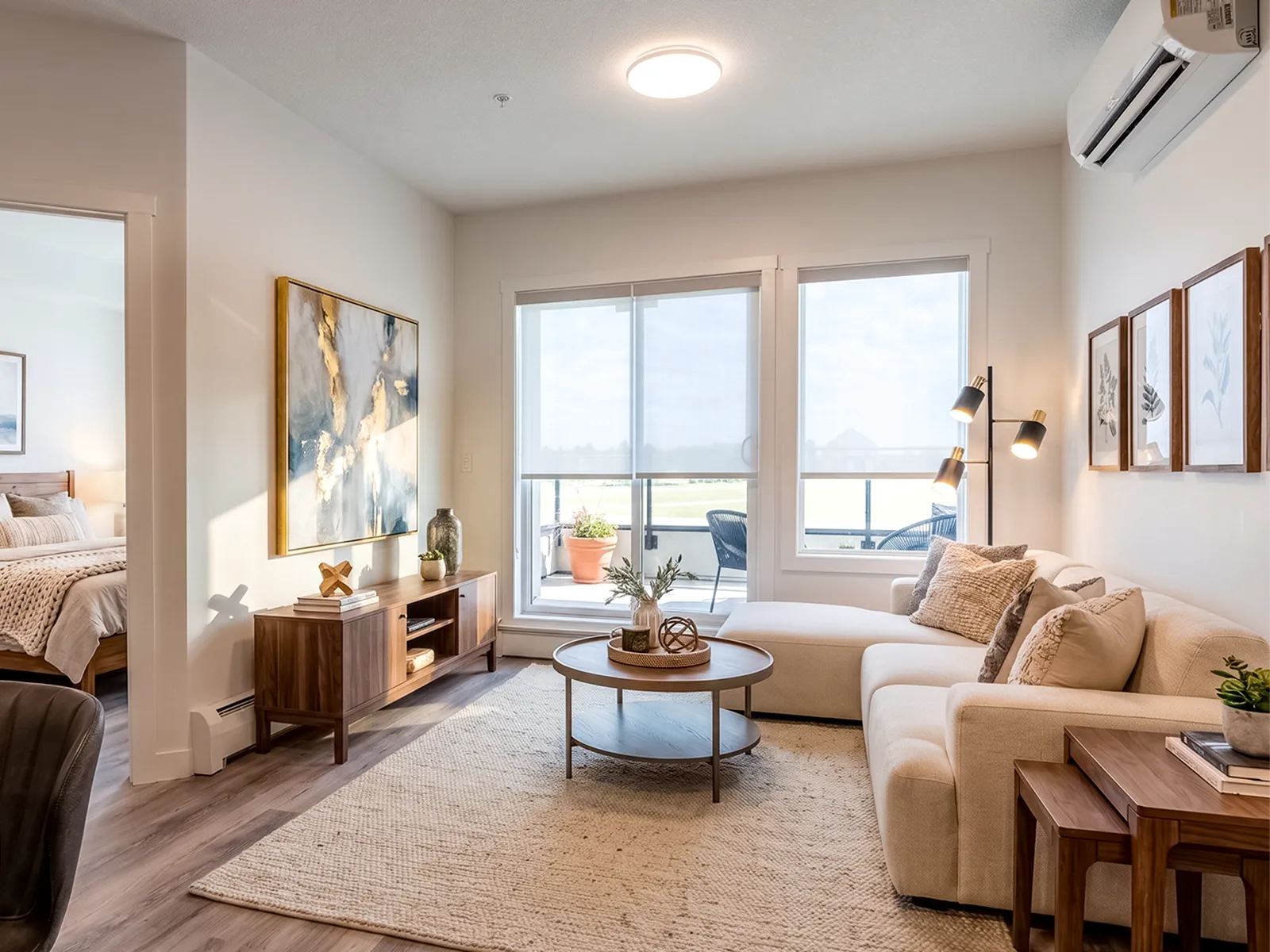 Open living area at The Barracks with manual roller shades