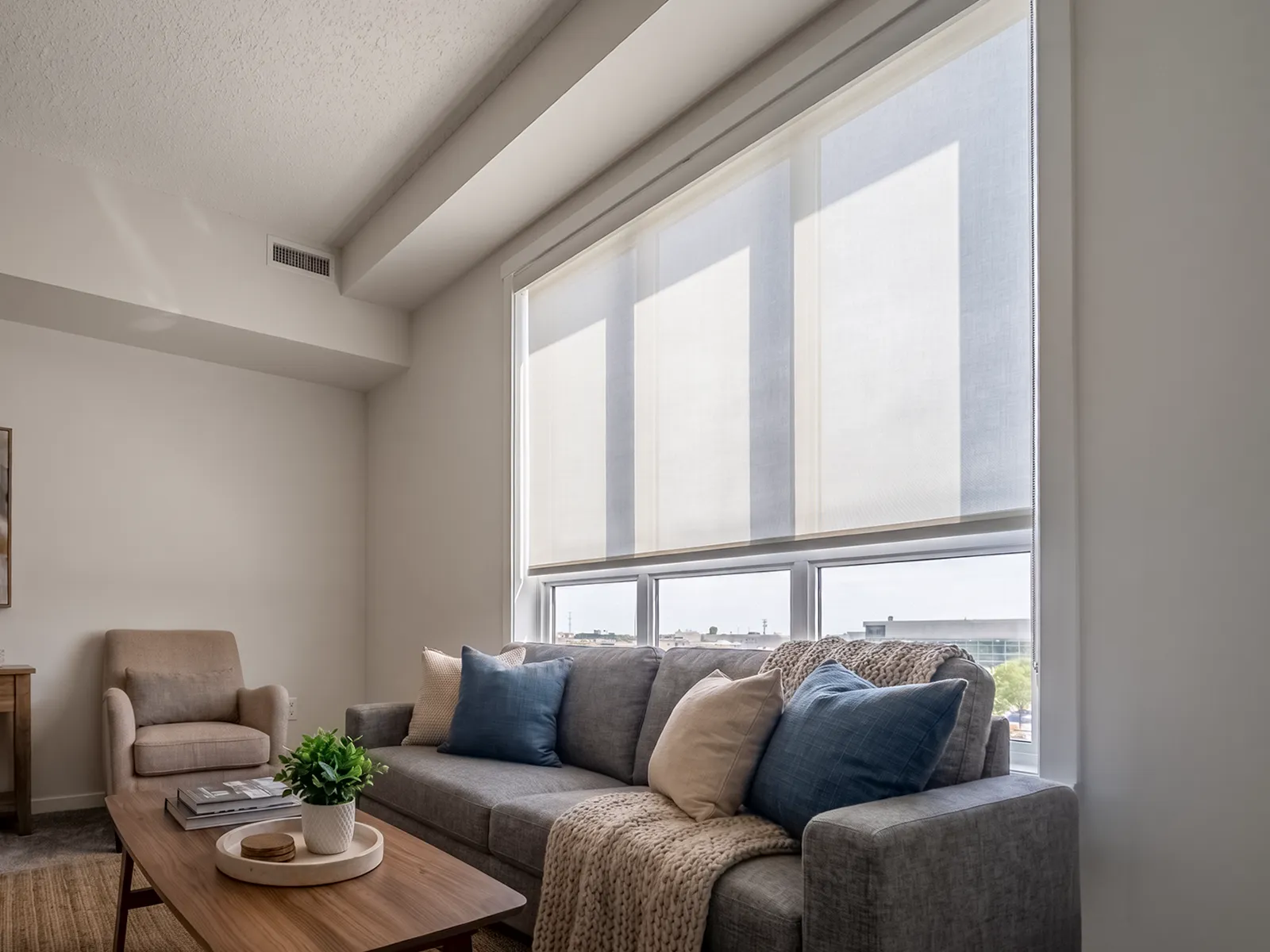 Emerald Place living room with a light-filtering roller shade over a wide window