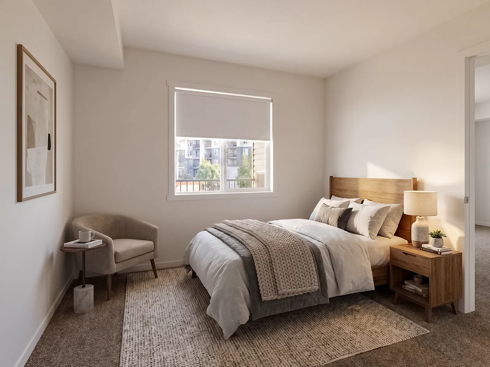 Second bedroom at Emerald Place with a cordless roller shade