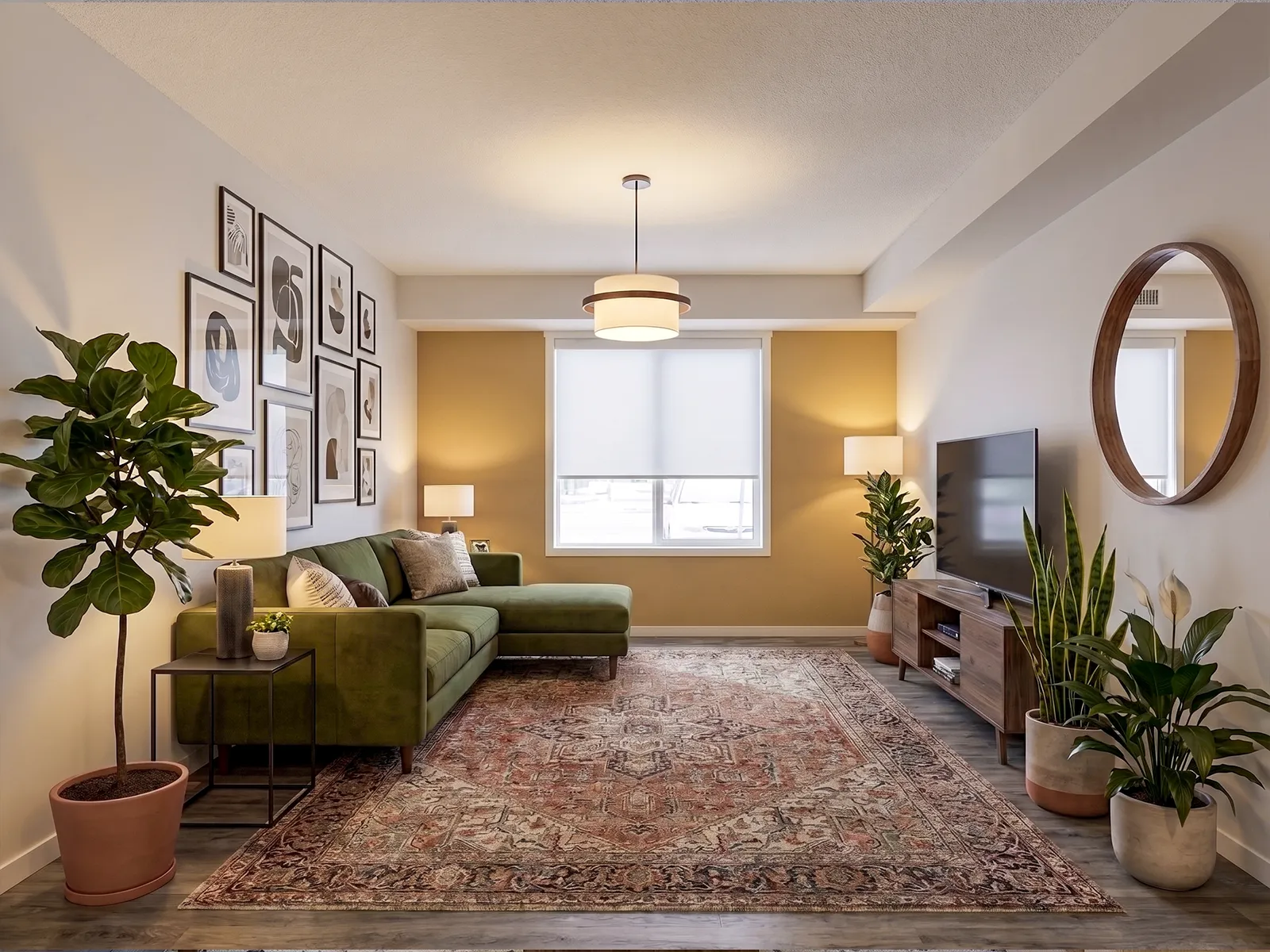 Emerald Place living room with a cordless roller shade and feature wall