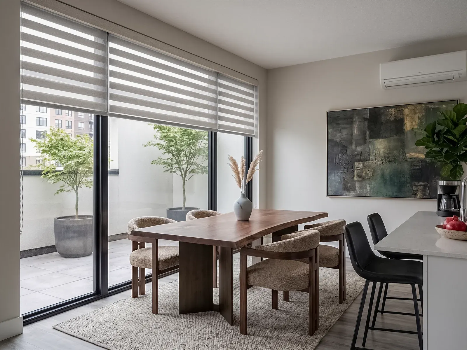 Dining area at Meadowhaven with a shaded patio door